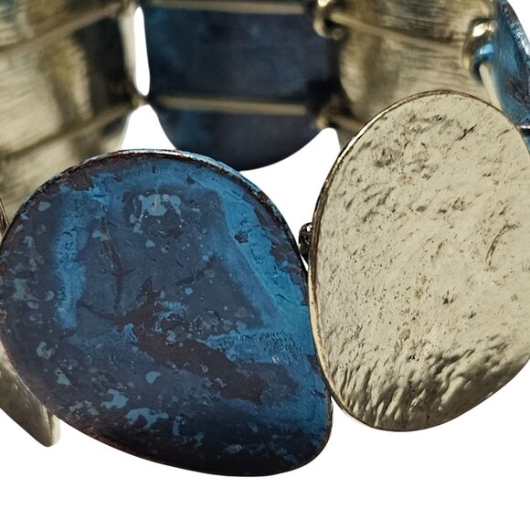 Vintage Elegant Blue Gold Tone Stretch Bracelet Textured Oval Panels Retro Women - Picture 2 of 4